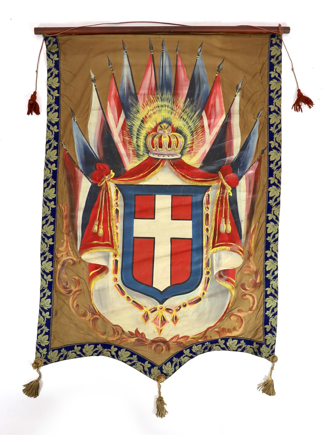 Nine mid 19th century Royal heraldic banners, each approximately 150cms x 50cm